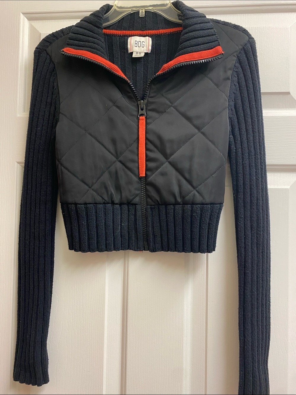 BDG Black Quilted Bomber Jacket with Red Accent - medium